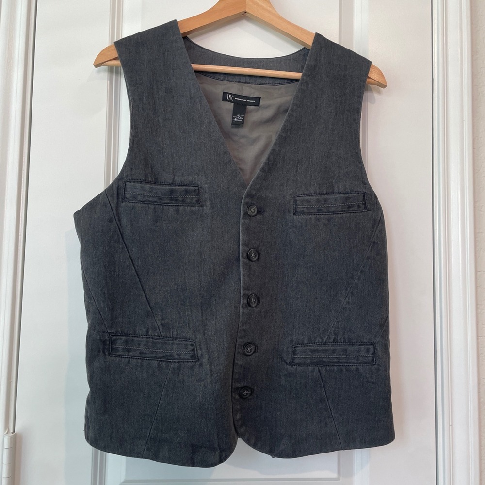 INC Mens Gray Vest Medium 100% Cotton Button Up Casual Layering Western party